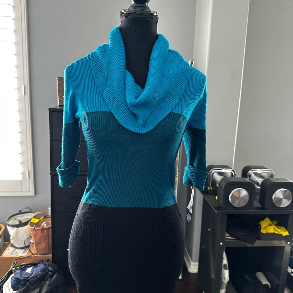 INC International Concepts Teal and Black Cowl Neck Sweater